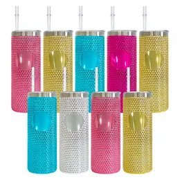 USA warehouse vacuum insulated 23oz stainless steel metallic diamond bing holographic studded durian skinny straight tumbler with slide lid DIY logo