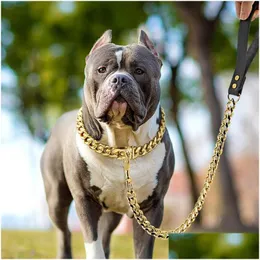 Dog Collars Leashes 304ステンレス鋼チェーンカラーとリーシュスーパーストロングメタルチョークシエゴールドペットリードロープパーティーショードロップ配信