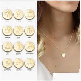 Pendant Necklaces Simple 12 Zodiac Sign Necklace For Gold Sier Rose Coin Constellation Charm Chains Fashion Jewelry In Bk Drop Deliver Dhkr7