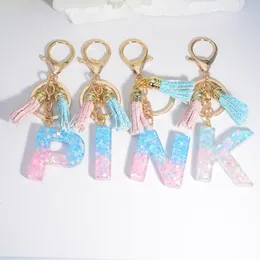 Keychains Lanyards 귀여운 별 채워진 26 이니셜 키 체인 AZ 편지 키핑 여성용 핑크색 블루 술 펜던트 가방 가방 자동차 액세서리 230831