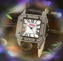 豪華なファッションの男性女性カップ時計クォーツバッテリースーパースクエアローマタンクダイヤルクロックアイスアウトヒップホップキラーダイヤモンドリングケースポピュラーオートデイデート時計贈り物