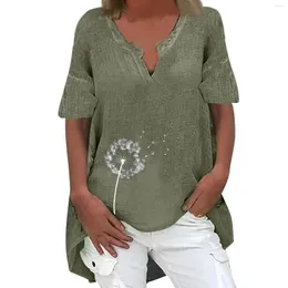 Kvinnors blusar vintage bomullslinne skjorta kvinnors toppar och avslappnad kort ärm överdimensionerad sommar v hals blommor boho lösa skjortor tee