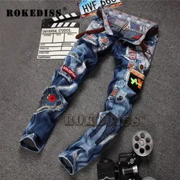 Jeans masculinos micro-post slim calças masculinas remendo punk elegante calças falsas roupas de grife pantalones vaqueros hombre b113311f