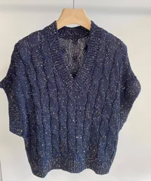 Suéteres femininos 2023 coleção outono lantejoulas manga curta suéter com decote em v 230831