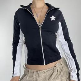 Kvinnors jackor y2k kläder kvinnor jacka 2000s estetiska zip upp långärmad skörd top rockar jackor lapptäcke grunge kläder 230831