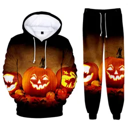 Herrspåriga Halloween Hoodies tröja Set pojkar och flickor gåvor Fall/vintermode kostym fleece pumpa tryck pullover hoodie 2-stycken kläder 230831