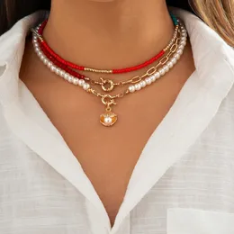 펜던트 목걸이 BOHO 모방 진주 화려한 씨앗 비드 체인 목걸이 여름 가리비 구약 구멍 구멍 Buckle Choker Jewelry Y2K 액세서리 230831