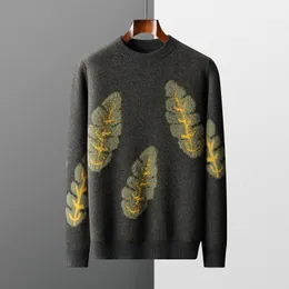남자 스웨이터 Zocept Knitted Leaf Jacquard 남성용 스웨터 겨울 100 Merino Wool Pullover Chic England Style Round Neck Jumper 230830