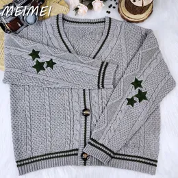 Kvinnors tröjor 2023 Autumn Winter V Neck Single Breasted Stars Brodery Women Sweater Cardigan Casual Solid Long Sleeve Sticked 230831