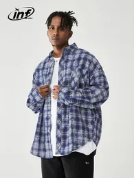 Men's Casual Shirts INFLATION Brushed Check Men Blue Plaid Long Sleeve Oversized Male Plus Size 230830