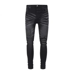 Mens Jeans High Street Fashion Men Men Retro Black Grey Etchenny Skinny Fit Fit Ruped Beading Patched Designer Hip Hop Brants 230831