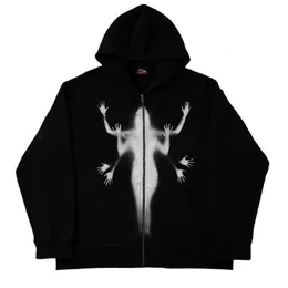 Hoodies للرجال من النوع الثقيل y2k هوديي Zip-up sweatshirt angel الطباعة سترة فضفاضة جيوب طويلة الأكمام الشارع الهيب هوب أزياء الرجال المعطف 230831