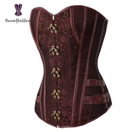 Midjetränare Brocade Steampunk Jacquard Faux Leather Patted Overbust Brown Corset Bustier med kedjor S-6XL 916#263A