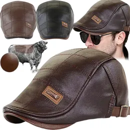 Berets Retro PU Leather Beret Hats For Men Autumn Winter Faux Hat Middleaged Men's Visor Warm Flat ed Cap Adjustable 230830