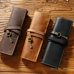 Pencil Bags Retro Leather Pencil Wrap Bag Handmade Pen Bag Multi-functional Pencil Roll Bag Pen Holder Case for Student Artists Writers HKD230831