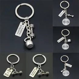 Keychains Lanyards 1pc Strength Sports Barbell Dumbbell Charm Weight Fitness With Words Gym Crossfit Keyring Keychain Gifts For Man 230831