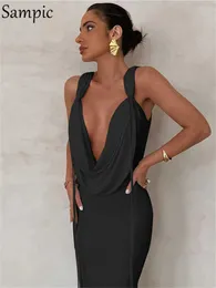 Fritidsklänningar Sampic Svängkrage Ärmlös Bodycon Maxiklänning Dam Sommar Sexig Rygglös Eleganta festklänningar Clubwear Vit R230223