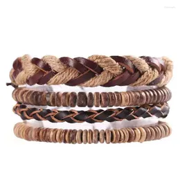 Strand 1pcs Men'S Retro Style Leather Woven Bracelet Coconut Shell Beads Multilayer Wide Wrap Jewelry Ethnic Tribal Wristbands