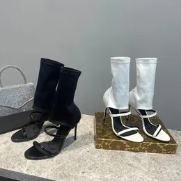 Tipo de meia elástica sandálias de salto alto femininas couro preto puxar tornozelo aberto dedo do pé designer de luxo sapatos de casamento sapatos de fábrica de alta qualidade