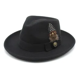 Wool Western Cowboy Hat for Womem Men rullar upp Brim Cowgirl Jazz Cap med Feather Band Fedora Toca Sombrero Cap