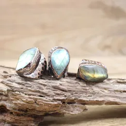 Cluster Rings Freeform Flash Labradorite Antique Copper Rings Natural Stone Adjustable Fashion Band Ring Vintage Jewelry Dropshipping QC4142 G230228