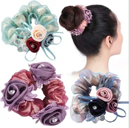 Fashion Crystals Rose Flower Lace Hair Scrunchies Ties Elastics Ponytail Holder Floral Rubber Hairband For Women Girl Thick Hair