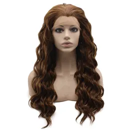 24" Long Highlighted Brown Wig density Full Heat Friendly Synthetic Hair Lace Front Wig