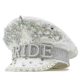Luxury Women Bride Military Hat Luxury Sequin Burning Captain Sergeant Hat Rhinestone Festival Birthday Part Hat