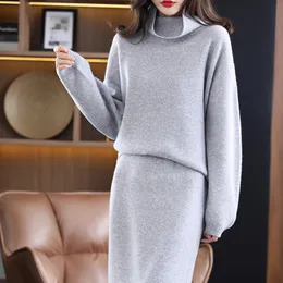 Vestidos casuais lã pura suéter de cashmere mulheres de alto gola alta malha superior saia longa saia longa bolsa de traje de traje de duas peças grossa