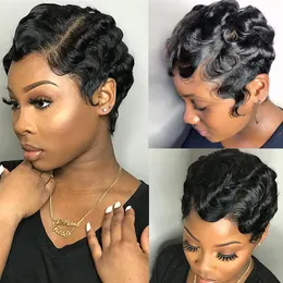 Bourgogne Red Color 99J Short Finger Wave Mommy Wig For Black Women 100% Human Hair Peruansk Pixie Cut Bob Wigs For Woman Non Lace 235s