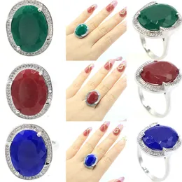 클러스터 링 25x20mm 큰 타원형 보석 8.3G Real Green Emerald Blue Sapphire Red Ruby CZ Women Engagement 925 Silver Rings 신부 Fine Jewelry G230228