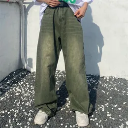 بنطلون جينز للرجال Houzhou Green Jeans Baggy عتيقة سراويل الدنيم من الذكور سروال الساق على نطاق واسع الرجال الشارع الرجعية كبير الحجم غير الرسمي الهيب هوب 230301