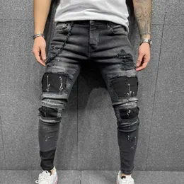 Men's Jeans New Four Seasons Small Foot Pencil Pants Striped Denim Nine-Part Patchwork Pattern 2022 Y2303