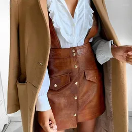 Юбки кожа кожаная ремешок женский однобортный ретро-ретро-коричневый юбка A-Line High Taist
