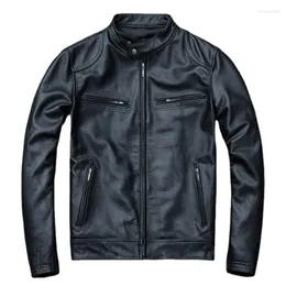 メンズレザースプリングオートバイ本物のジャケットメンカウハイドスリムショートコートモーターバイカーレーサーナチュラルカーフ肌の衣服サイズS-5XL