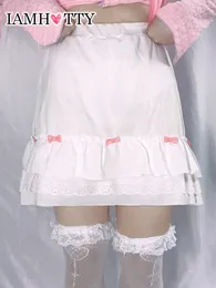IAMTY Cascading Ruffle Aline Kawaii Saia com Arco Estético Branco Mini Saias Estilo Japonês Lolita Fairycore Outfit 230301