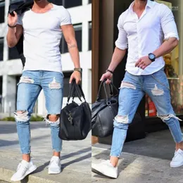 Heren jeans 2023 mannen mode gestapeld magere gescheurde mannelijke cool denim broek broek broek hiphop retro vriendje streetwear lichtblauw