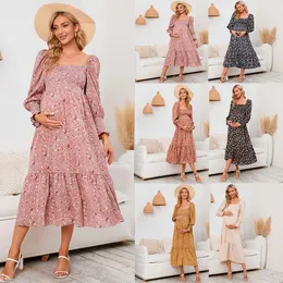 Blumendruck quadratischer Nackenpuffärmel Mutterschaftskleid für Babyparty Photoshoo, Boho Smocked Split eine Linie Mutterschaftskleid