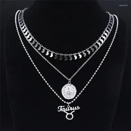 Anhänger Halsketten 3 stücke Edelstahl Stier Charme Halskette Für Frauen Silber Farbe 12 Konstellationen Schicht Schmuck Colgante NXS04