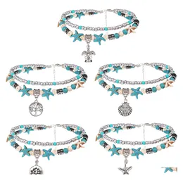 자동차 DVR Anklets Boho Double Conch Starfish Sand Turtle Pendant Foot Chains 청록색 석재 구슬 매력 해변 팔찌 드롭 배달 보석 DHQ2S