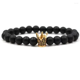 Strand Micro Pave Black Cz Zirconia Gold-Color King Crown Bracelet Men Prolk Polish Matte Stone Bead Bead for Women Jewelry