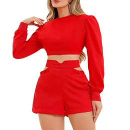 long-sleeved navel exposed shirt ladies two piece pants long sleeve top and Hollow out shorts sets sne0162 2 piece suits summer Casual fashion street shorts suit