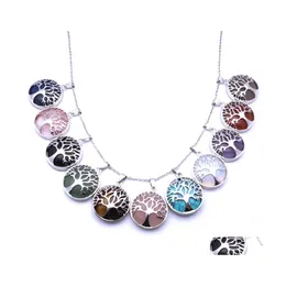 car dvr Pendant Necklaces Women Men Tree Of Life Charm Round Quartz Crystal Healing Stones Necklace Amethysts Tiger Eye Lapis Lazi Opal Drop Dhzzj