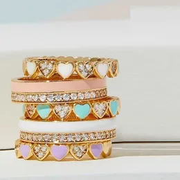 Cluster Rings Half CZ Half Pastel Enamel Candy Colorful Full Finger Engagement Band Fashion Women Rings G230228