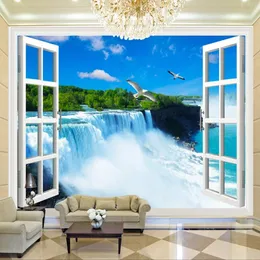 壁紙カスタムPOの壁紙3D窓滝風景の自然壁画壁布リビングルーム寝室の背景papel de pared