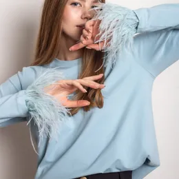 女性のセーター秋の冬の丸い首のステッチフェザーTシャツ女性ファッションカジュアルトッププルオーバーパーカーファッショントップ230301