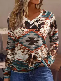 Vintage Geometric Graphic T Shirt Fashion Blouse V Neck Tunic Tshirt Long Sleeve Top Aztec Ethnic Style Western Pullover 230301