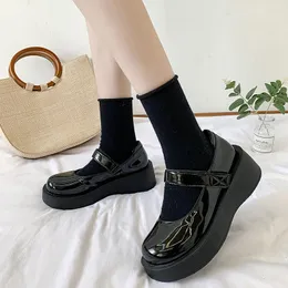 Elbise Ayakkabı Koleji Öğrenci Tıknaz Kama Gotik Patent Deri Deri Yuvarlak Toe Platform Lolita Mary Jane Kadınlar 2023 Klasikler