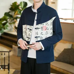 Men's Casual Shirts Chinese Style Hanfu Shirt Men's Contrast Color Text Ethnic Fashion Calligraphy Lay Buddhist Zen Clothes Top