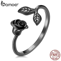 Cluster-Ringe BAMOER Authentischer 925er Sterlingsilber-Klassiker mit schwarzer Rose, offener Ring für Frauen, plattierter Schwarzgoldring, Schmuck, zierliches Geschenk G230228